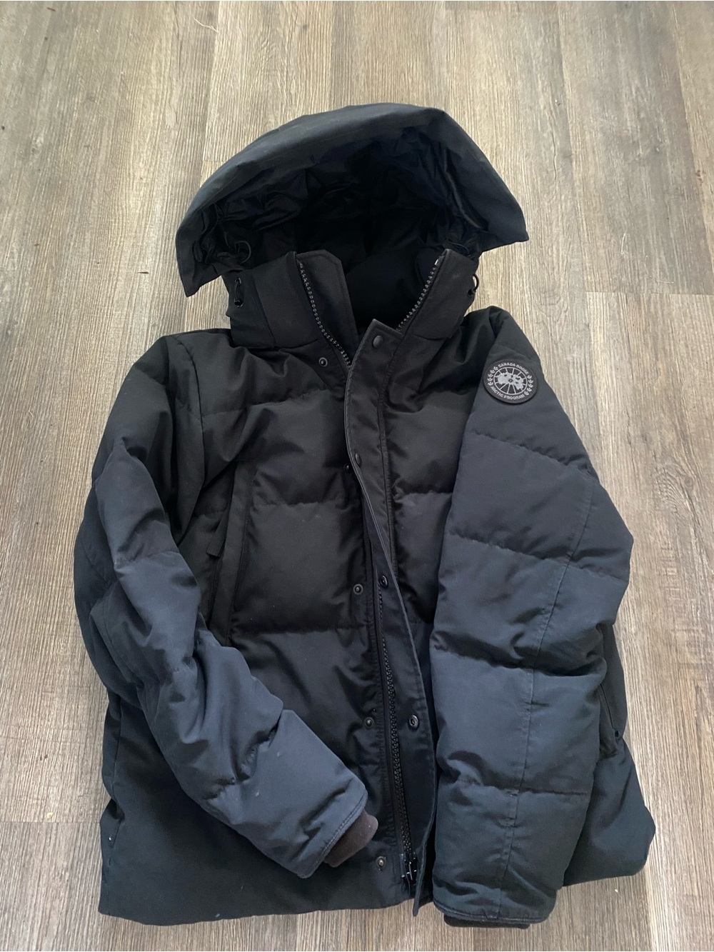 Canada Goose Black Hooded Puffer Coat with Logo Patch